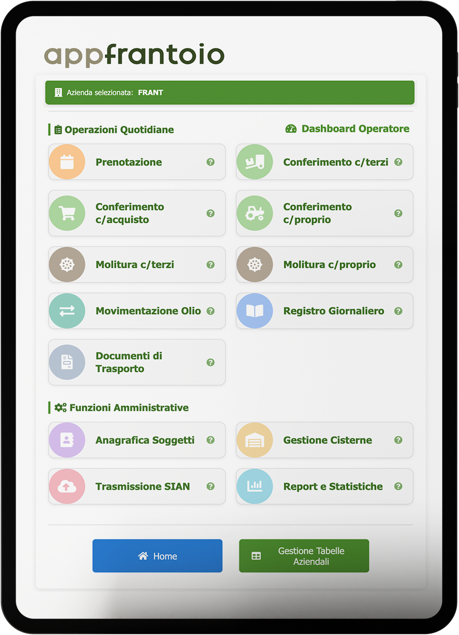 AppFrantoio - Interfaccia gestionale frantoio su tablet